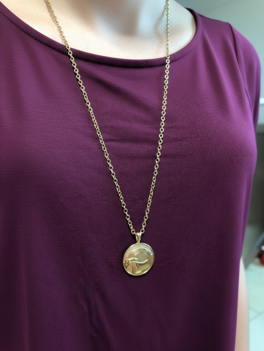 Avon Gold-Tone Medallion Capricorne Pendant Necklace with Long Chain